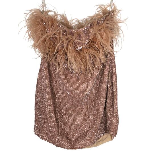 Retrofete Torin Feather Dress Sequin Off The Shoulder Mini Dusty Peach NWT XL - Picture 3 of 9